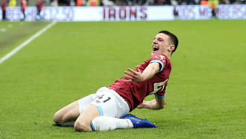 LONDON, ENGLAND - JANUARY 12: Declan Rice of West Ham United celebrates after scoring his team's first goal during the Premier League match between West Ham United and Arsenal FC at London Stadium on January 12, 2019 in London, United Kingdom. (Photo by Marc Atkins/Getty Images)