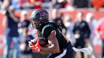 MOBILE, AL - JANUARY 25: Safety Kyle Dugger #23 from Lenoir Rhyne of the South Team runs back a punt return during the 2020 Resse's Senior Bowl at Ladd-Peebles Stadium on January 25, 2020 in Mobile, Alabama. The Noth Team defeated the South Team 34 to 17. (Photo by Don Juan Moore/Getty Images)