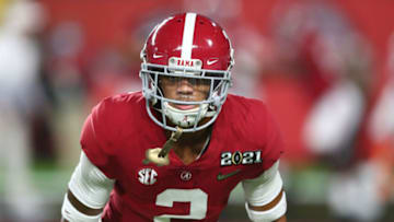 Jan 11, 2021; Miami Gardens, Florida, USA; Alabama Crimson Tide defensive back Patrick Surtain II (2) against the Ohio State Buckeyes in the 2021 College Football Playoff National Championship Game. Mandatory Credit: Mark J. Rebilas-USA TODAY Sports