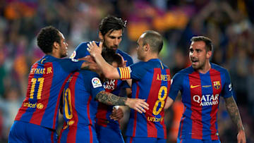 BARCELONA, SPAIN - MAY 21: Lionel Messi (L) of Barcelona celebrates with his teammates after scoring a goal during the La Liga match between FC Barcelona and SD Eibar at Camp Nou Stadium on May 21, 2017 in Barcelona, Spain. (Photo by fotopress/Getty Images)