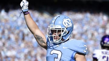 Sep 17, 2016; Chapel Hill, NC, USA; North Carolina Tar Heels wide receiver Ryan Switzer (3) reacts after scoring a touchdown in the first quarter at Kenan Memorial Stadium. Mandatory Credit: Bob Donnan-USA TODAY Sports