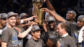 Jun 16, 2015; Cleveland, OH, USA; The Golden State Warriors celebrates with the Larry O