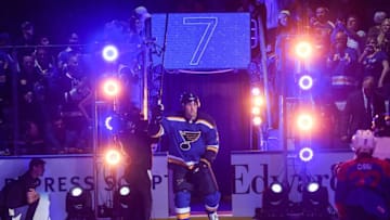 ST. LOUIS, MO - OCTOBER 4: Pat Maroon #7 of the St. Louis Blues takes the ice for the St. Louis Blues home opener prior to a game against the Winnipeg Jets at Enterprise Center on October 4, 2018 in St. Louis, Missouri. (Photo by Joe Puetz/NHLI via Getty Images)