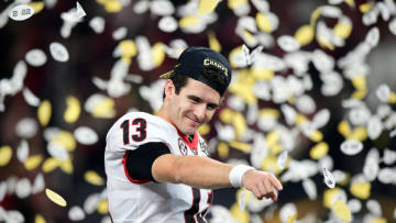 Stetson Bennett celebrates after the Georgia Bulldogs defeated the Alabama Crimson Tide 33-18 during the 2022 CFP National Championship Game. (Photo by Emilee Chinn/Getty Images)