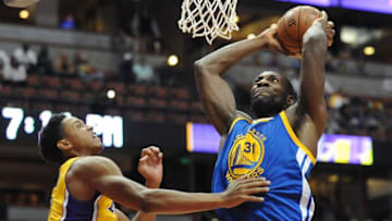 October 22, 2015; Anaheim, CA, USA; Golden State Warriors center Festus Ezeli (31) moves to the basket against the Los Angeles Lakers during the first half at Honda Center. Mandatory Credit: Gary A. Vasquez-USA TODAY Sports