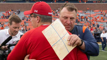 Wisconsin head football coach Paul Chryst and Illinois head coach Bret Bielema embrace after their game Saturday.Mjs Uwgrid10 8 Jpg Uwgrid10