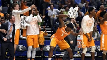 Mar 10, 2016; Nashville, TN, USA; Tennessee Volunteers players celebrate on the bench in the second half against the Vanderbilt Commodores during the SEC basketball tournament at Bridgestone Arena. Mandatory Credit: George Walker IV/The Tennessean via USA TODAY NETWORK