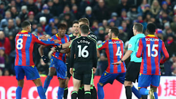 Crystal Palace's Wilfried Zaha losing itduring Premier League match between Crystal Palace and AFC Bournemouth at Selhurst Park Stadium, London, England 09 Dec 2017. (Photo by Kieran Galvin/NurPhoto via Getty Images)