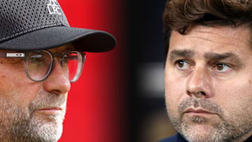 FILE PHOTO (EDITORS NOTE: COMPOSITE OF IMAGES - Image numbers 1168582506,1182721995 - GRADIENT ADDED) In this composite image a comparison has been made between Jurgen Klopp, Manager of Liverpool (L) and Mauricio Pochettino, Manager of Tottenham Hotspur. Liverpool and Tottenham Hotspur meet in a Premier League match on October 27, 2019 at Anfield in Liverpool,England. ***LEFT IMAGE*** SOUTHAMPTON, ENGLAND - AUGUST 17: Jurgen Klopp, Manager of Liverpool looks on prior to the Premier League match between Southampton FC and Liverpool FC at St Mary's Stadium on August 17, 2019 in Southampton, United Kingdom. (Photo by Catherine Ivill/Getty Images) ***RIGHT IMAGE*** LONDON, ENGLAND - OCTOBER 22: Mauricio Pochettino, Manager of Tottenham Hotspur looks on prior to the UEFA Champions League group B match between Tottenham Hotspur and Crvena Zvezda at Tottenham Hotspur Stadium on October 22, 2019 in London, United Kingdom. (Photo by Bryn Lennon/Getty Images)