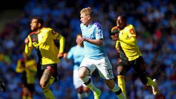 MANCHESTER, ENGLAND - SEPTEMBER 21: Kevin De Bruyne of Manchester City runs with the ball during the Premier League match between Manchester City and Watford FC at Etihad Stadium on September 21, 2019 in Manchester, United Kingdom. (Photo by Chloe Knott - Danehouse/Getty Images)