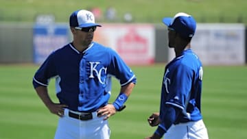 Apr 1, 2015; Surprise, AZ, USA; Kansas City Royals center fielder Whit Merrifield (65) and Kansas City Royals center fielder Jarrod Dyson (1) before facing the Los Angeles Dodgers at Surprise Stadium. Mandatory Credit: Joe Camporeale-USA TODAY Sports