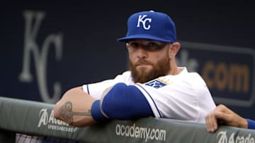 Sep 1, 2015; Kansas City, MO, USA; Kansas City Royals outfielder Jonny Gomes (31) watches before the game against the Detroit Tigers at Kauffman Stadium. Detroit won the game 6-5. Mandatory Credit: John Rieger-USA TODAY Sports