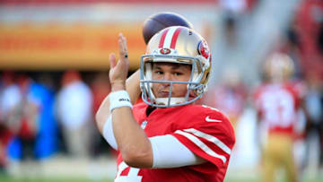 SANTA CLARA, CA - NOVEMBER 01: Nick Mullens #4 of the San Francisco 49ers warms up prior to their game against the Oakland Raiders at Levi's Stadium on November 1, 2018 in Santa Clara, California. (Photo by Daniel Shirey/Getty Images)