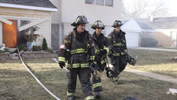 CHICAGO FIRE -- "A Guy I Used to Know" Episode 1111 -- Pictured: (l-r) Taylor Kinney as Kelly Severide, Miranda Rae Mayo as Stella Kidd, Jake Lockett as Carver -- (Photo by: Adrian S Burrows Sr/NBC)