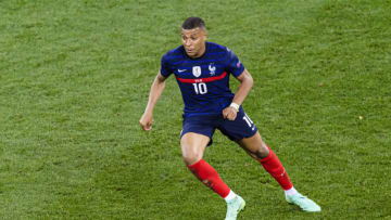 BUCHAREST, ROMANIA - JUNE 28: Kylian Mbappe of France in action during the UEFA Euro 2020 Championship Round of 16 match between France and Switzerland at National Arena on June 28, 2021 in Bucharest, Romania. (Photo by Marcio Machado/Getty Images)