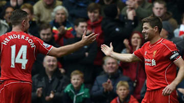 Liverpool, Steven Gerrard, Jordan Henderson (Photo credit should read PAUL ELLIS/AFP via Getty Images)