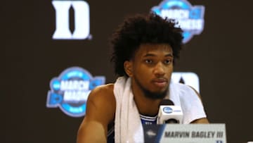 OMAHA, NE - MARCH 25: Marvin Bagley III #35 of the Duke Blue Devils talks to the media during a press conference after being defeated by the Kansas Jayhawks in the 2018 NCAA Men's Basketball Tournament Midwest Regional at CenturyLink Center on March 25, 2018 in Omaha, Nebraska. (Photo by Justin Heiman/Getty Images)