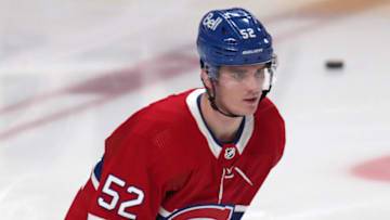 Mar 24, 2022; Montreal, Quebec, CAN; Montreal Canadiens defenseman Justin Barron. Mandatory Credit: Jean-Yves Ahern-USA TODAY Sports