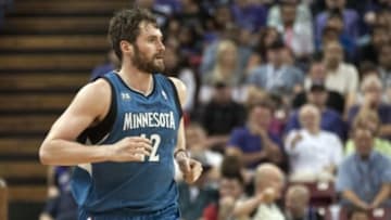 Apr 13, 2014; Sacramento, CA, USA; Minnesota Timberwolves forward Kevin Love (42) runs up the court after scoring against the Sacramento Kings during the first quarter at Sleep Train Arena. The Sacramento Kings defeated the Minnesota Timberwolves 106-103. Ed Szczepanski-USA TODAY Sports