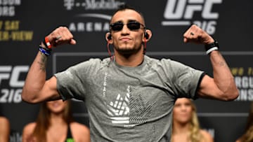 LAS VEGAS, NV - OCTOBER 06: Tony Ferguson poses on the scale during the UFC 216 weigh-in inside T-Mobile Arena on October 6, 2017 in Las Vegas, Nevada. (Photo by Jeff Bottari/Zuffa LLC/Zuffa LLC via Getty Images)