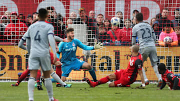 TORONTO, ON - April 28 In second half action, with mere seconds to go in the match, Toronto FC goalkeeper Alex Bono (25) watches Alan Gordon's tying goal head into the net.Toronto FC (TFC) tied the Chicago Fire 2-2 in MLS soccer action at BMO Field in Toronto.April 28, 2018 (Richard Lautens/Toronto Star via Getty Images)