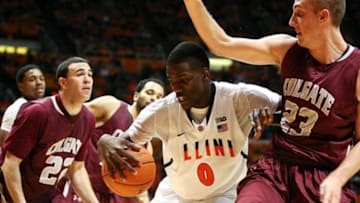 NOVEMBER 09, 2012; Champaign, IL, USA: Illinois Fighting Illini forward Sam McLaurin (0) is guarded by Colgate Raiders forward Clayton Graham (23) at Assembly Hall. Mandatory Credit: Ben Woloszyn-USA TODAY Sports