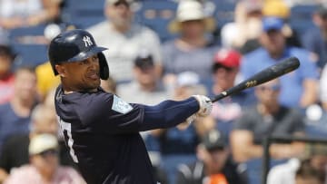 TAMPA, FLORIDA - MARCH 10: Giancarlo Stanton #27 of the New York Yankees in action against the Pittsburgh Pirates during the Grapefruit League spring training game at Steinbrenner Field on March 10, 2019 in Tampa, Florida. (Photo by Michael Reaves/Getty Images)