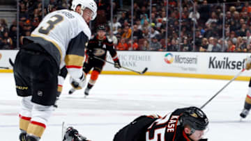 ANAHEIM, CA - DECEMBER 27: Ondrej Kase #25 of the Anaheim Ducks falls to the ice with the puck after colliding with Brayden McNabb #3 of the Vegas Golden Knights on December 27, 2017 at Honda Center in Anaheim, California. (Photo by Debora Robinson/NHLI via Getty Images)