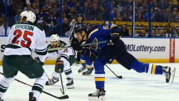 ST. LOUIS, MO - APRIL 19: Colton Parayko #55 of the St. Louis Blues shoots the puck against the Minnesota Wild in Game Four of the Western Conference First Round during the 2017 NHL Stanley Cup Playoffs at the Scottrade Center on April 19, 2017 in St. Louis, Missouri. (Photo by Dilip Vishwanat/Getty Images)