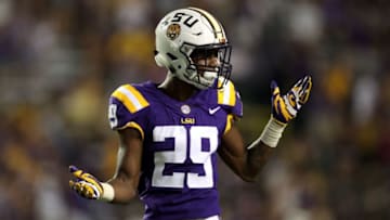 BATON ROUGE, LA - SEPTEMBER 30: Andraez Williams #29 of the LSU Tigers reacts during the game against the Troy Trojans at Tiger Stadium on September 30, 2017 in Baton Rouge, Louisiana. (Photo by Chris Graythen/Getty Images)