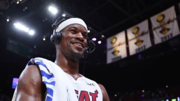 Jimmy Butler #22 of the Miami Heat looks on after Game Two of the Eastern Conference First Round against the Atlanta Hawks (Photo by Michael Reaves/Getty Images)