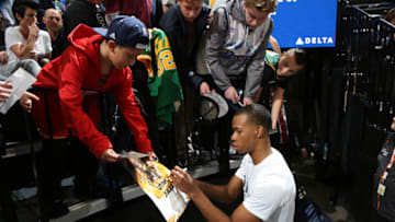 SALT LAKE CITY, UT - JANUARY 3: Rodney Hood #5 of the Utah Jazz signs autograph for fan after the game against the New Orleans Pelicans on January 3, 2018 at vivint.SmartHome Arena in Salt Lake City, Utah. NOTE TO USER: User expressly acknowledges and agrees that, by downloading and or using this Photograph, User is consenting to the terms and conditions of the Getty Images License Agreement. Mandatory Copyright Notice: Copyright 2018 NBAE (Photo by Melissa Majchrzak/NBAE via Getty Images)