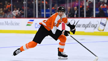 Oct 23, 2022; Philadelphia, Pennsylvania, USA; Philadelphia Flyers defenseman Egor Zamula (54) in action against the San Jose Sharks in the second period at Wells Fargo Center. Mandatory Credit: Kyle Ross-USA TODAY Sports