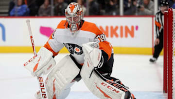 DENVER, COLORADO - DECEMBER 11: Carter Hart #79 of the Philadelphia Flyers tends goal against the Colorado Avalanche at the Pepsi Center on December 11, 2019 in Denver, Colorado. (Photo by Matthew Stockman/Getty Images)