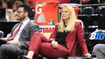 INDIANAPOLIS, INDIANA - MARCH 10: Head coach Brenda Frese of the Maryland Terrapins on the side lines during warm up before the Big 10 Women's Championship Game against the Iowa Hawkeyes at Bankers Life Fieldhouse on March 10, 2019 in Indianapolis, Indiana. (Photo by Justin Casterline/Getty Images)