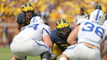 ANN ARBOR, MI - SEPTEMBER 16: Rashan Gary #3 of the Michigan Wolverines looks across the line during the third quarter of the game against the Air Force Falcons at Michigan Stadium on September 16, 2017 in Ann Arbor, Michigan. Michigan defeated Air Force Falcons 29-13. (Photo by Leon Halip/Getty Images)