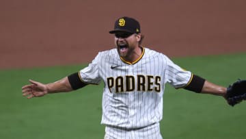 Oct 2, 2020; San Diego, California, USA; San Diego Padres relief pitcher Trevor Rosenthal (47) reacts after the Padres defeated the St. Louis Cardinals at Petco Park. Mandatory Credit: Orlando Ramirez-USA TODAY Sports