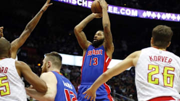 Dec 23, 2015; Atlanta, GA, USA; Detroit Pistons forward Marcus Morris (13) shoots the ball against the Atlanta Hawks in the second quarter at Philips Arena. Mandatory Credit: Brett Davis-USA TODAY Sports