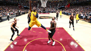 CLEVELAND, OH - APRIL 15: Victor Oladipo #4 of the Indiana Pacers shoots the ball against the Cleveland Cavaliers in Game One of Round One of the 2018 NBA Playoffs on April 15, 2018 at Quicken Loans Arena in Cleveland, Ohio. NOTE TO USER: User expressly acknowledges and agrees that, by downloading and or using this photograph, user is consenting to the terms and conditions of Getty Images License Agreement. Mandatory Copyright Notice: Copyright 2018 NBAE (Photo by Nathaniel S. Butler/NBAE via Getty Images)