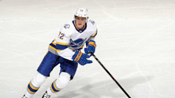 NEWARK, NEW JERSEY - MARCH 16: Tage Thompson #72 of the Buffalo Sabres skates against the New Jersey Devils at the Prudential Center on March 16, 2021 in Newark, New Jersey. (Photo by Bruce Bennett/Getty Images)