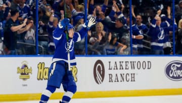 Jun 25, 2021; Tampa, Florida, USA; Tampa Bay Lightning center Yanni Gourde (37) celebrates his goal during the second period against the New York Islanders in game seven of the Stanley Cup Semifinals at Amalie Arena. Mandatory Credit: Nathan Ray Seebeck-USA TODAY Sports
