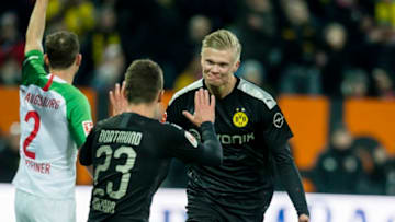 AUGSBURG, GERMANY - January 18: Erling Braut Haaland of Borussia Dortmund celebrates his goal to the 3:4 during the Bundesliga match between FC Augsburg and Borussia Dortmund at the WWK-Arena on January 18, 2020 in Augsburg, Germany. (Photo by Alexandre Simoes/Borussia Dortmund via Getty Images)