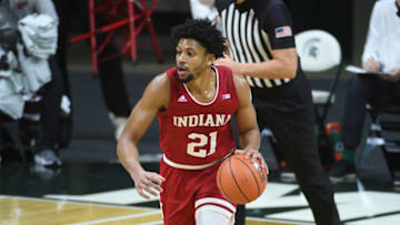 Mar 2, 2021; East Lansing, Michigan, USA; Indiana Hoosiers forward Jerome Hunter (21) during the first half against the Michigan State Spartans at Jack Breslin Student Events Center. Mandatory Credit: Tim Fuller-USA TODAY Sports