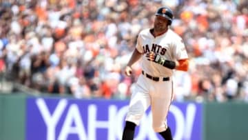 Aug 16, 2015; San Francisco, CA, USA; San Francisco Giants right fielder Hunter Pence (8) rounds the bases on a two run home run against the Washington Nationals during the fourth inning at AT&T Park. Mandatory Credit: Kelley L Cox-USA TODAY Sports