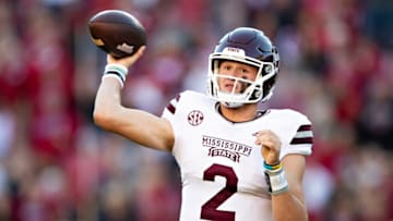 FAYETTEVILLE, ARKANSAS - NOVEMBER 6: Will Rogers #2 of the Mississippi State Bulldogs throws a pass during a game against the Arkansas Razorbacks at Donald W. Reynolds Stadium on November 6, 2021 in Fayetteville, Arkansas. The Razorbacks defeated the Bulldogs 31-28. (Photo by Wesley Hitt/Getty Images)