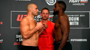 HAMBURG, GERMANY - JULY 21: (L-R) Opponents Glover Teixeira of Brazil and Corey Anderson face off during the UFC Fight Night Weigh-in event at the Radisson Blu Hotel on July 21, 2018 in Hamburg, Germany. (Photo by Jeff Bottari/Zuffa LLC/Zuffa LLC via Getty Images)