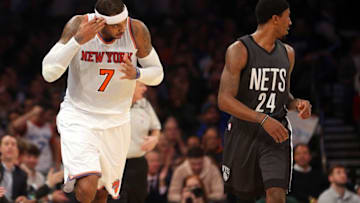 Nov 9, 2016; New York, NY, USA; New York Knicks small forward Carmelo Anthony (7) reacts after hitting a three point shot against the Brooklyn Nets during the second quarter at Madison Square Garden. Mandatory Credit: Brad Penner-USA TODAY Sports