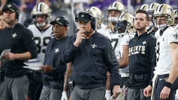 MINNEAPOLIS, MN - JANUARY 14: Head coach Sean Payton of the New Orleans Saints looks on from the sideline against the Minnesota Vikings during the first half of the NFC Divisional Playoff game at U.S. Bank Stadium on January 14, 2018 in Minneapolis, Minnesota. (Photo by Jamie Squire/Getty Images)