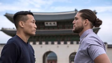 SEOUL, SOUTH KOREA - OCTOBER 17: Brian Ortega(right) and Chan Sung Jung also known as Korean Zombie face off in front of Gwanghwamun in Seoul, South Korea on October 17, 2019 ahead of the mixed martial arts event produced by the Ultimate Fighting Championship that is planned to take place in December in Busan, Korea. (Photo by Woohae Cho/Zuffa LLC)