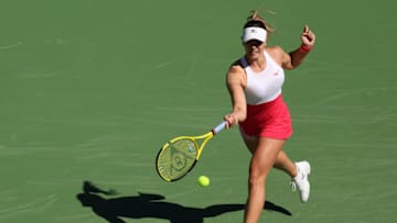 INDIAN WELLS, CALIFORNIA - MARCH 09: Dalma Galfi of Hungary in her match against Danielle Collins of USA in the first round during the BNP Paribas Open on March 09, 2023 in Indian Wells, California. (Photo by Julian Finney/Getty Images)